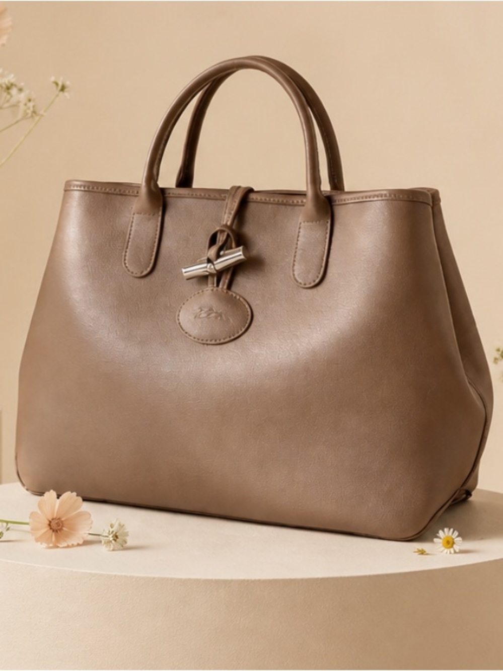 Authentic Longchamp Rozo Roseau Dark Beige Leather Tote Bag.